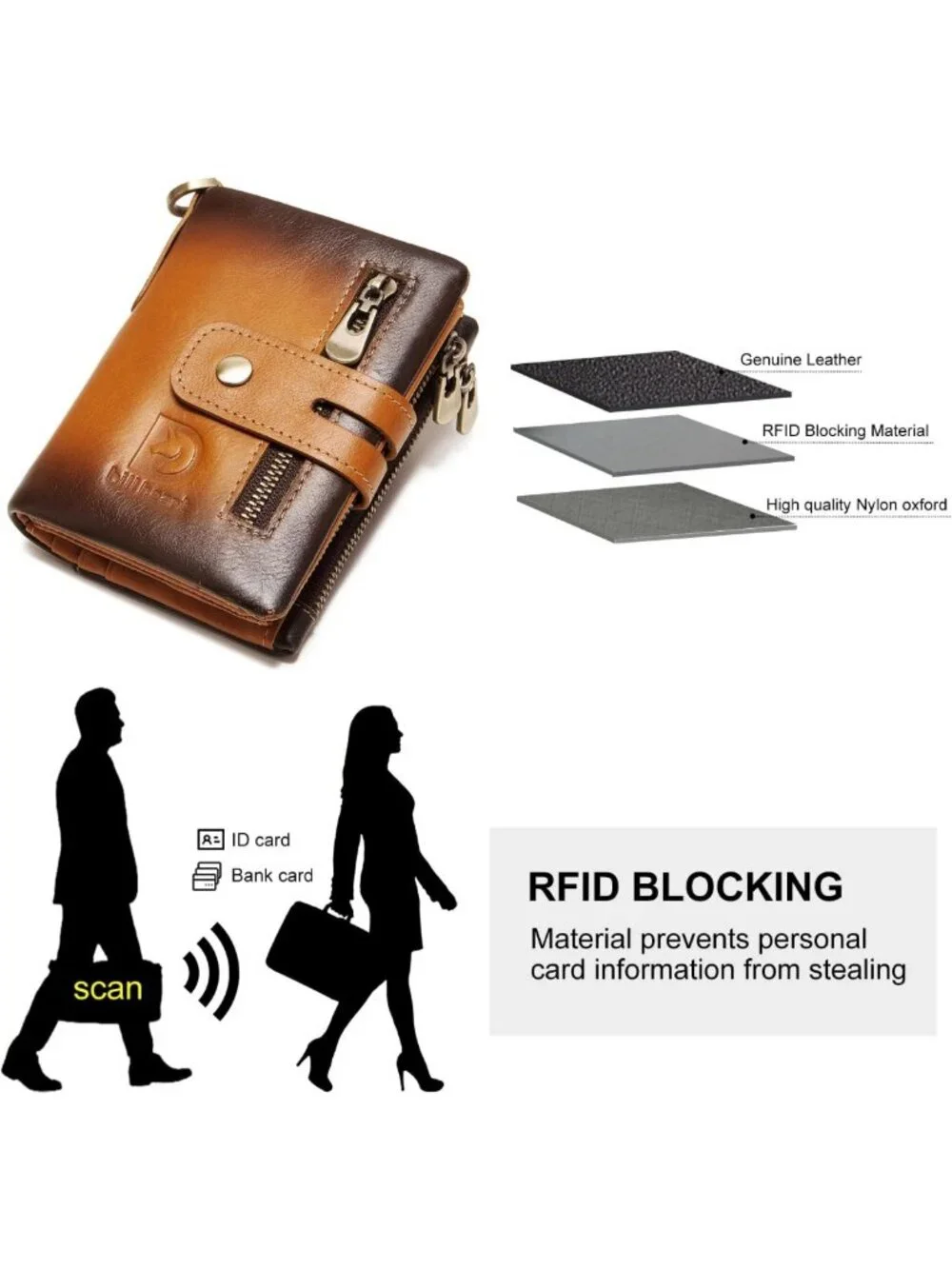 Genuine Leather Biker Wallet with Chain, RFID Blocking Anti-Theft Bifold Design